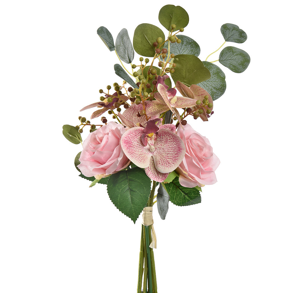 FIORE ARTIFICIALE BOUQUET ROSE ORCHIDEA COL. CREMA E ROSA 45 CM SETA
